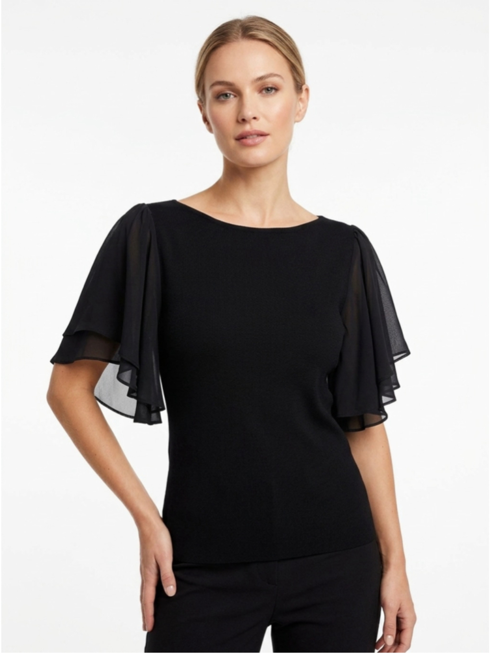 Jones New York Silk Flutter Sleeve Ribbed Knit Top Black Small - 376